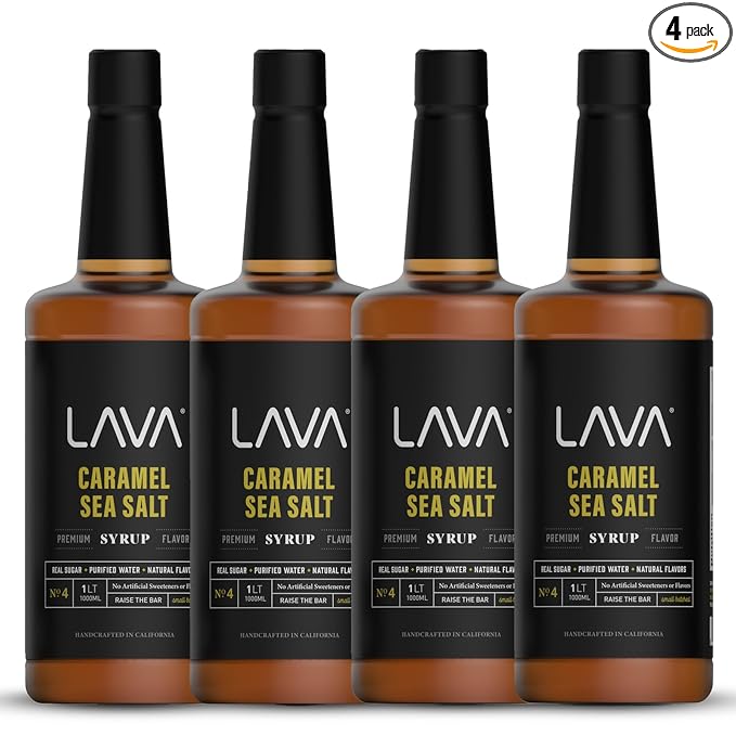 (4-Pack) LAVA Premium Salted Caramel Sea Salt Syrup, Salted Caramel Coffee Sweetener, 33.8oz (1-Liter), Made with 100% Sugar, No Artificial Sweeteners, Flavors, or Colors