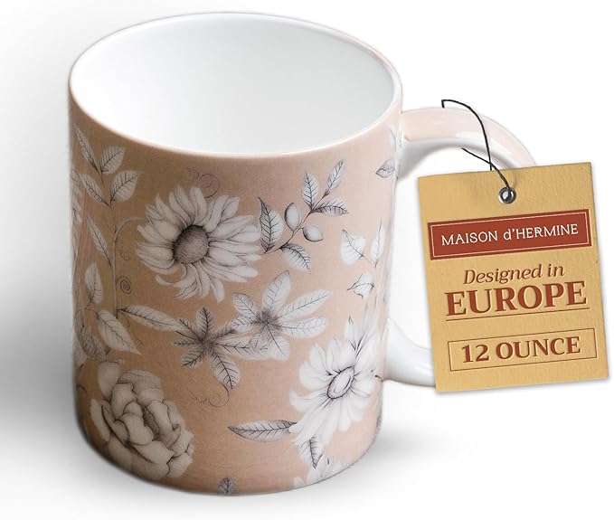 Maison d' Hermine Coffee Mug with Handles Fine Bone China Mugs Pack of One Tea Cups for Hot Beverages Cappuccino Latte Home Restaurant Office Perfect for Gift (Pretty Autumn - Mono Autumn, 12 Ounce)