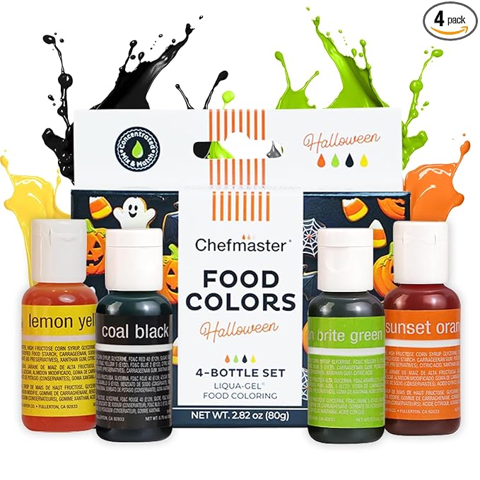 Chefmaster - Halloween Colors Liqua-Gel Food Coloring Kit - Water-Based Food Coloring Gel - 4 Pack - Highly Pigmented, Create Vividly Colored Desserts, Easy-To-Blend Formula - Made in the USA