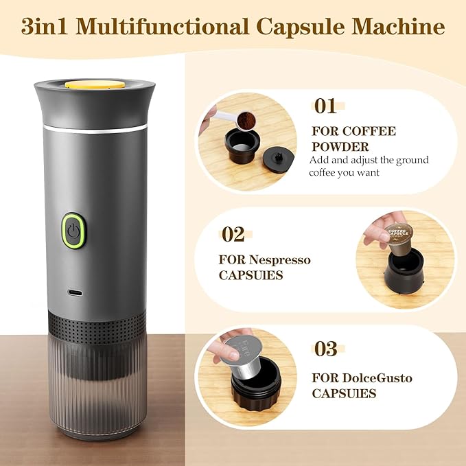 3-in-1 Portable Espresso Maker, Travel Coffee Maker, Self-Heating Car Coffee Maker with USB-C, Small Espresso Machine with Ground Coffee & Capsules (NS＆DG) for RV, Hiking, Office (grey)
