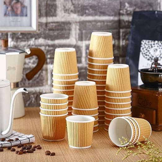 Yaomiao 200 Pcs 4 oz Disposable Espresso Coffee Cups Ripple Corrugated Paper Insulated Hot Cups for Party Cold Drinks Hot Beverage Tea(Kraft Paper Color)