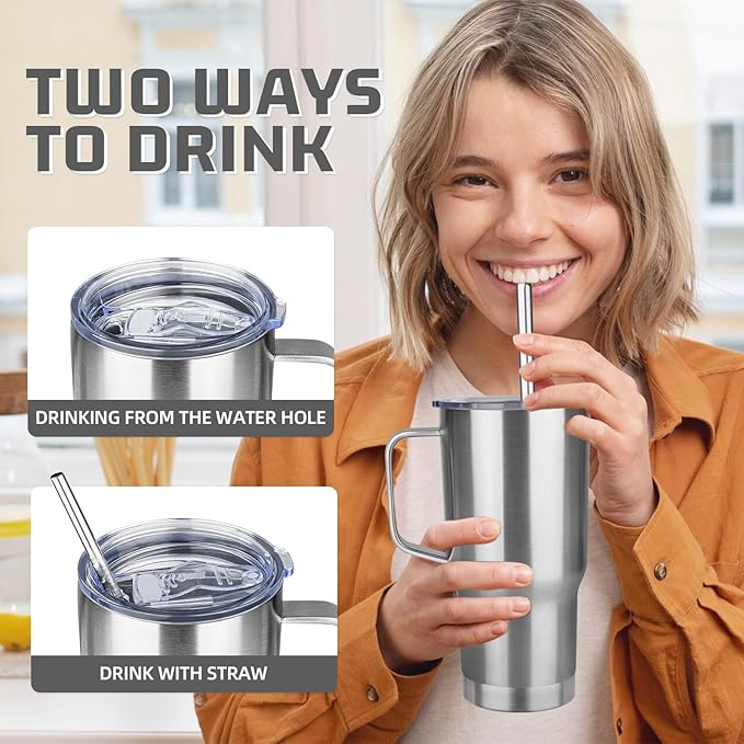 20 oz Tumbler with Handle Stainless Steel Insulated Coffee Mug Tumbler with Lid and Straw Double Wall Vacuum Insulated Coffee Mug Leak Proof Travel Mug Tumbler for Hot and Cold Drink (Silver,1pack)