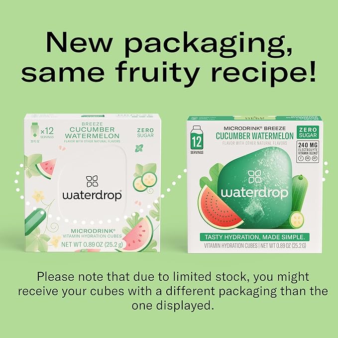 Waterdrop Hydration Cubes with Vitamin C, B Vitamins, and Electrolytes, Cucumber Watermelon Flavor, Flavored Water Enhancer Cubes for Still & Sparkling Water, Low Calorie, Sugar Free, 48 Count