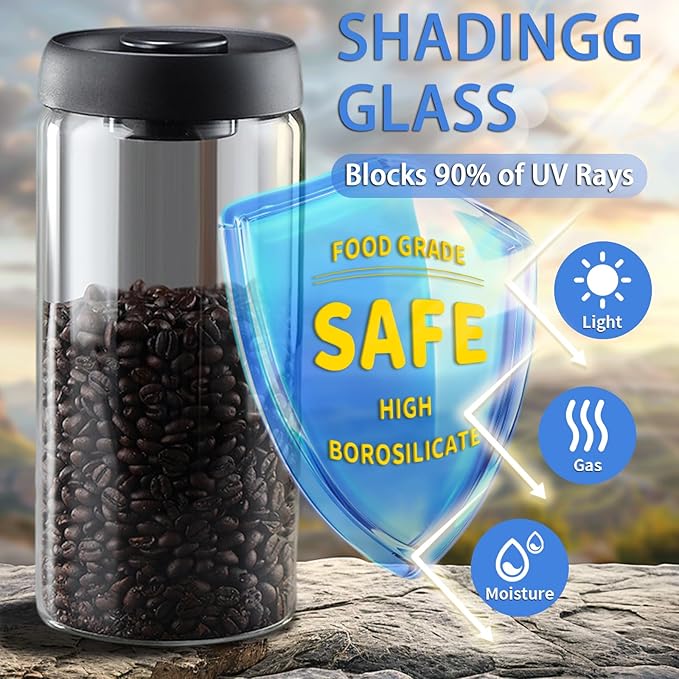 Vacuum Coffee Canister,2PCS 61FLOZ Borosilicate Glass Jar with Spare Airtight lid, Label & Brush, Coffee Bean Storage for Coffee Beans & Grounds (Shade Glass)
