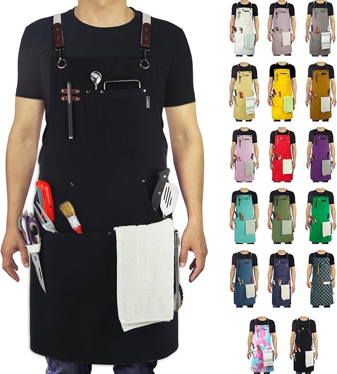 10 Pack Kitchen Aprons, Work Apron, Canvas, Multiple Pockets, Gardening, Painting, BBQ, Artist, Carpenter, Sizes M to XXL, Black