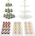5 Pcs Dessert Table Display Set, White Plastic 2 Pcs Square 3 Tier Cupcake Stand Cup Cake Tower Stand with Metal Rod & 3 Pcs Serving Tray for Baby Shower, Tea Party, Wedding, Birthday Party