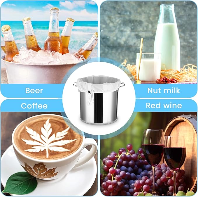 10 Pack 26"x22" Brew Bag, Extra Large Straining Bag, Reusable Fine Mesh Bag, White Drawstring Filter Bag for Beer, Nut Milk, Cold Brew, Wine, Coffee, Tea, Grain