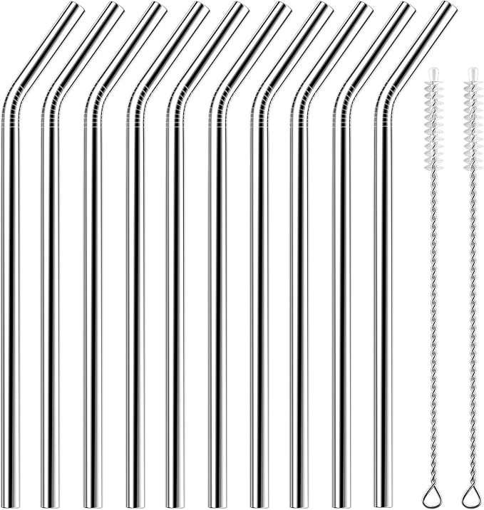 Set of 10 Stainless Steel Straws, HuaQi Bent Reusable Drinking Straws 10.5'' Long 0.24‘’ Dia for 30 oz Tumbler and 20 oz Tumbler, 2 Cleaning Brush Included (10 Bent Staw + 2 Brushes）