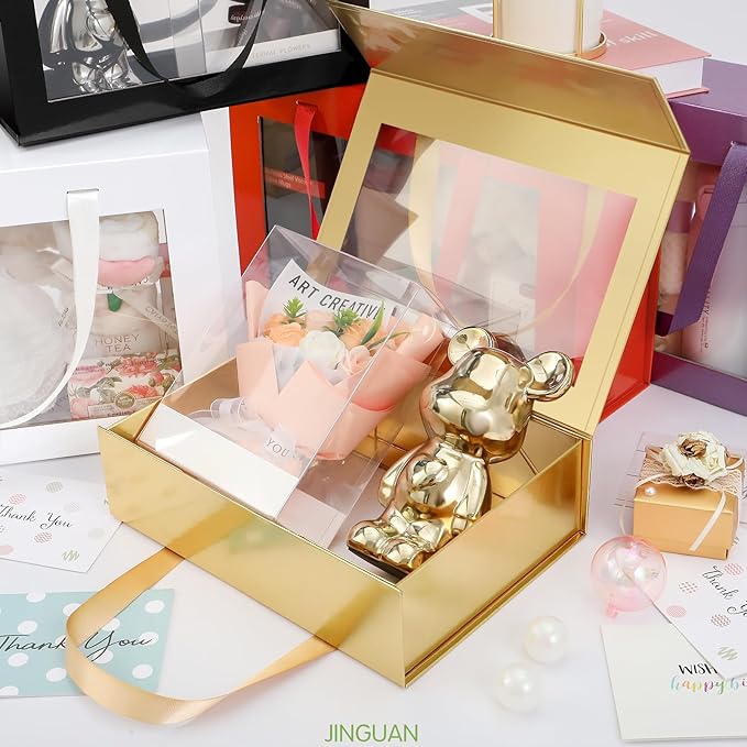 JINGUAN 5 Gold Gift Boxes with Windows, Gift Boxes with Lids and Handles, Clear Magnetic Gift Boxes for Presents, Bridesmaid Proposal Boxes (10.5x7.5x3 Inches