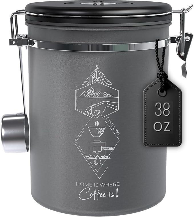 Large Coffee Canister – Airtight Stainless Steel Storage Container with Date Tracker & Scoop, Sealed Jar for Grounds, Beans, Tea, Flour, Cereal, and Sugar (Gray Home, 38OZ)