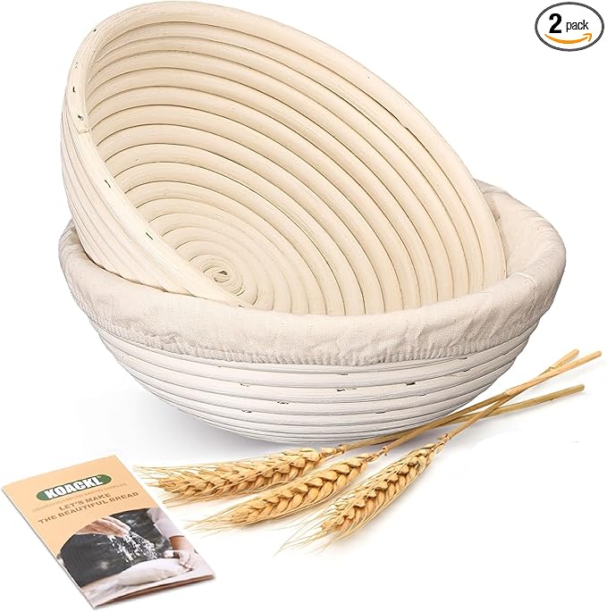 Sourdough Bread Baking Supplies, Bakery Premium Round Banneton Basket 2 Pack with Liner - Perfect Brotform Proofing Basket for Making Beautiful Bread