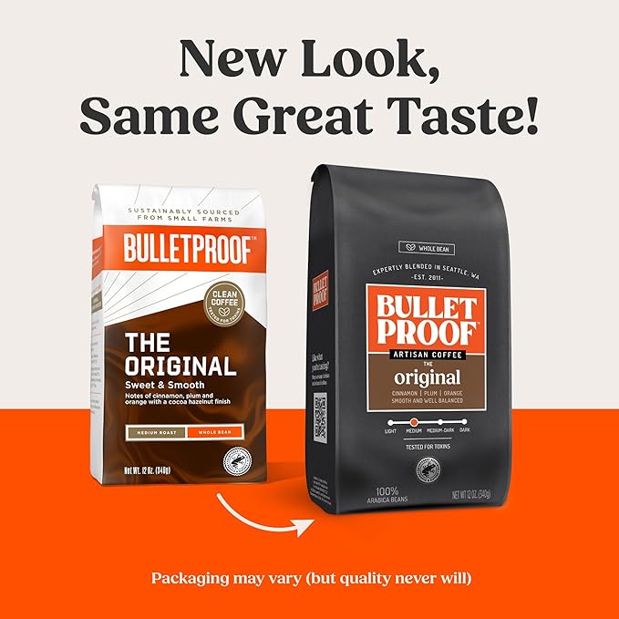 Bulletproof Original Medium Roast Whole Bean Coffee, 12 Ounces, Clean Coffee Tested for Toxins, Packaging May Vary