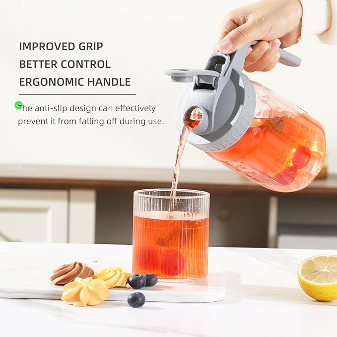 Glass Mason Jar Pitcher with Pour Spout Handle Lid, Breast Milk Pitcher Jug for Ice Tea, Cold Brew Coffee, Fridge Water, Juices, Leak Proof Storage Container
