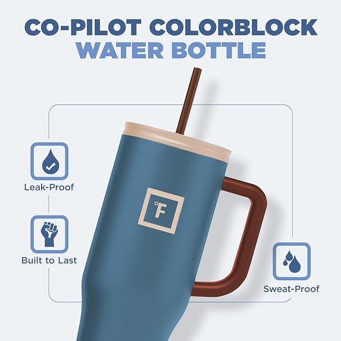 IRON °FLASK Co-Pilot Insulated Mug w/Boot, Straw & Flip Cap Lids - Cup Holder Bottle for Hot, Cold Drink - Leak-Proof - Water, Coffee Portable Travel Mug - Cream & Berries, 40 Oz