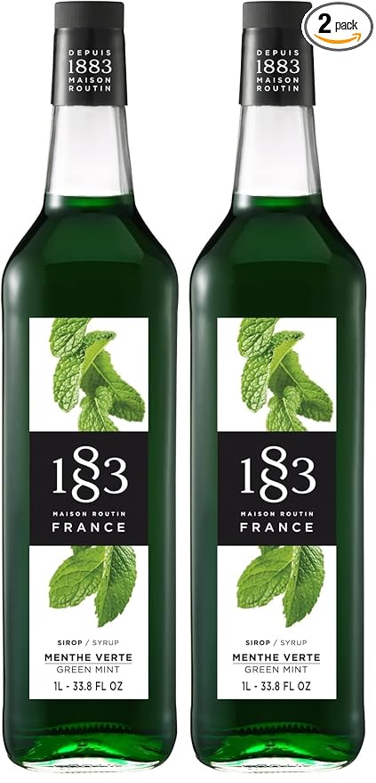 1883 Green Mint Syrup for Drinks, Made in France, 1 Liter Plastic Bottle (Pack of 2)