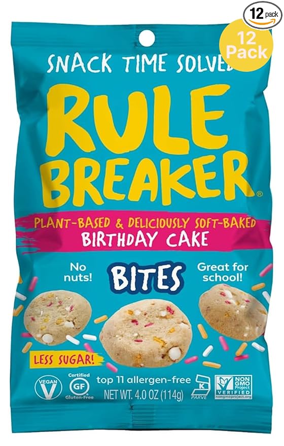 Rule Breaker Vegan & Gluten-Free Cookies | Birthday Cake Bites | Plant-Based, Dairy, Nut, Soy, Allergen Free, Kosher | Soft-Baked School Snacks for Kids and Adults (Pack of 12)