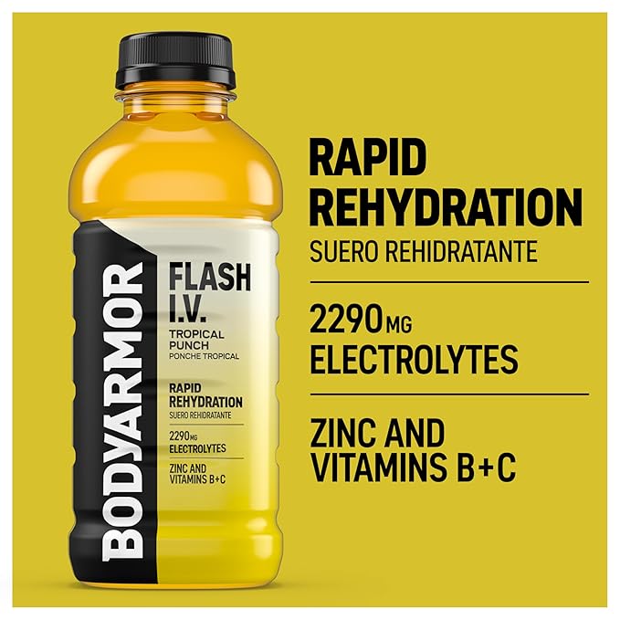 BODYARMOR Flash I.V. Electrolyte Beverage, Tropical Punch, Hydration Drink with Coconut Water For Rapid Rehydration, Post Workout Recovery, 20 Fl Oz (Pack of 12)