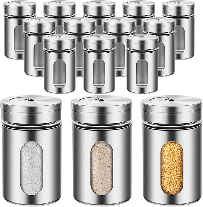 Dandat 12 Pcs Salt and Pepper Shakers Stainless Steel Spice Shakers with Adjustable Pour Holes and Glass Window 3.4oz Salt Dispenser Spice Jars with Rotating Lids for Sugar Seasoning Home