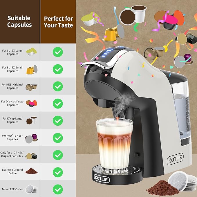KOTLIE Hot&Cold brewing Single Serve Coffee Maker for K*eurig K*cup, Small Espresso Coffee Machine for D*olce G*usto/N*es Original/Ground Coffee/44mm ESE,Adjustable TEMP&Water Volume, 1L Water Tank