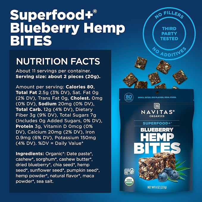 Navitas Organics Superfood Power Snacks, Blueberry Hemp, 8oz. Bag, 11 Servings - Organic, Non-GMO, Gluten-Free