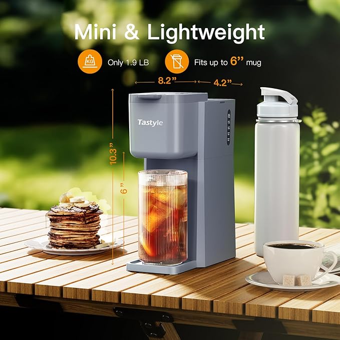 Mini Hot and Iced Coffee Maker Single Serve, for K Cup and Ground, 6 to 14 Oz Brew Sizes, with Recipe Book, for Home, Travel, RV, Office and Dorm, Elegant Gray