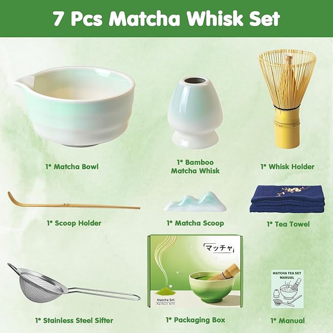 Matcha Whisk Set, 7 Pcs Ceramic Matcha Kit, Matcha Bowl with Spout, Matcha Whisk, Holder, Stainless Sifter, Bamboo Scoop and Tea Towel, Matcha Gift Set for Matcha Tea Lovers