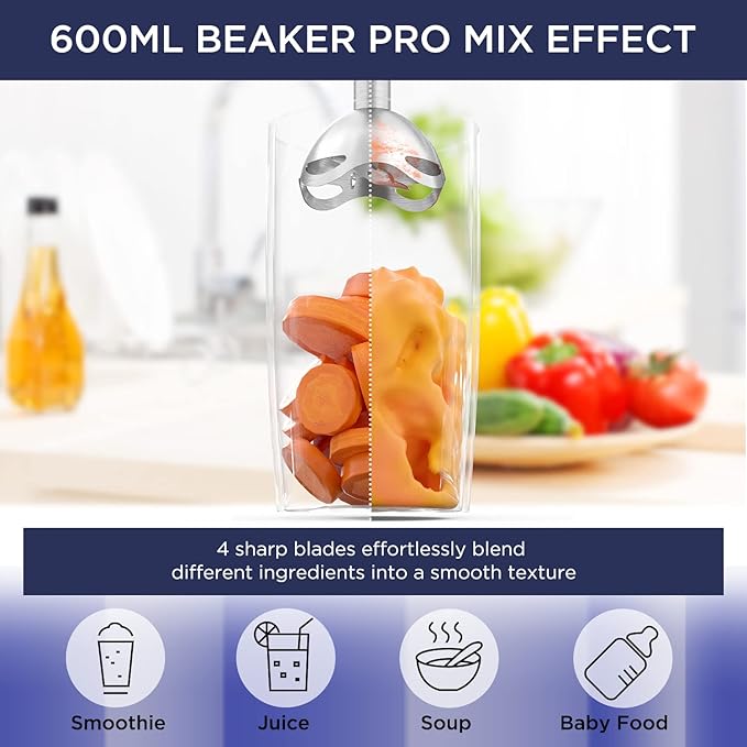Howork 450W Immersion Hand Blender, 4-in-1 Multifunctional 2 Speed Stainless Steel Handheld Stick Blender, Titanium Cross Blade, 600ml Mixing Beaker and 500ml Food Processor, Dishwasher Safe, Black