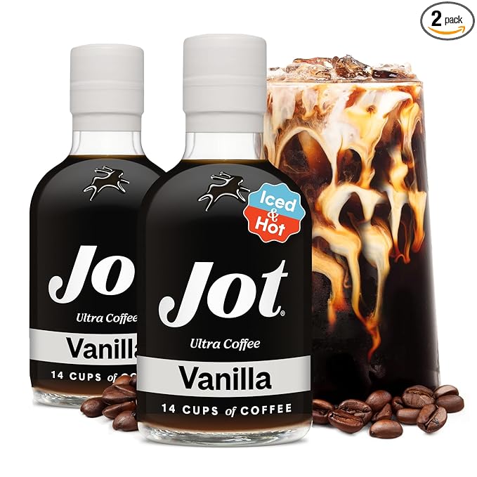 Jot Coffee Concentrate (Vanilla) High Caffeine Cold Brew Coffee Concentrate Liquid for Iced Coffees, Instant Espresso, Hot or Cold Instant Coffees - Makes 14 Cups, 150mg Caffeine/Tbsp, Sugar Free