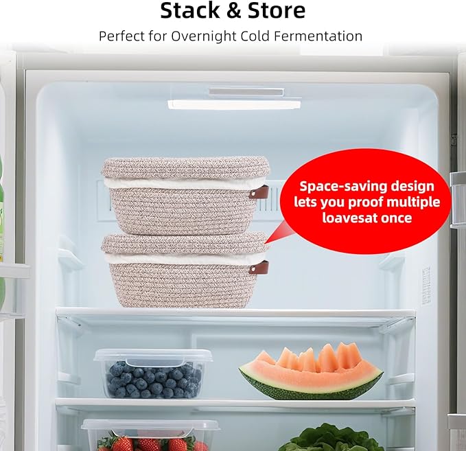 Stackable Cotton Banneton Proofing Basket Set, With Pro Sourdough Aliquot Jar for Rise Tracking – 9 inch Round Bread Basket x 2, Sourdough Bread Baking Supplies, Pro-Level Bread Proofing Kit