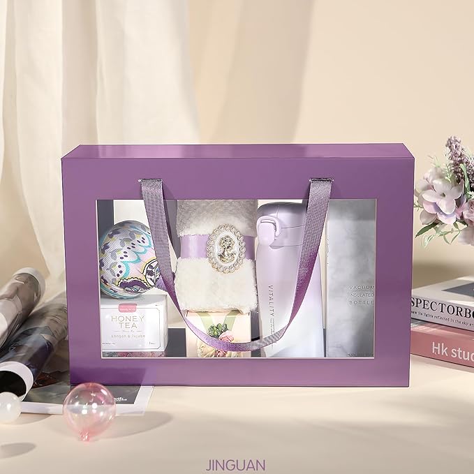 Large Purple Clear Gift Boxes, 13.5x9x4.1 Inches Gift Boxes with Windows by Handles, Bridesmaid Proposal Boxes, Collapsible Gift Boxes with Magnetic Closure (Glossy Purple, 5 Pack)
