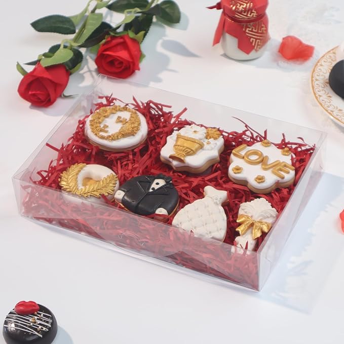 RomanticBaking 50PCS 10x7x2 inches Clear Cookie Boxes Strawberry Boxes Bakery Boxes Macaron Boxes Gift Boxes Treat Boxes for Party Favors