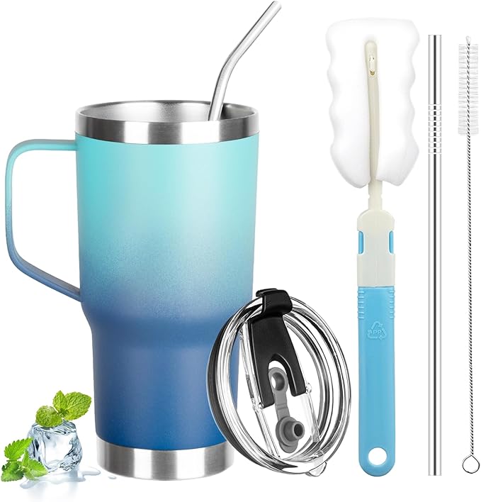 20 oz Tumbler with Handle, Stainless Steel Insulated Tumbler with Lid and Straw, Double Wall Vacuum Coffee Mug Tumbler,Insulated Coffee Thermal Cup for Cold and Hot(Light Dark Blue)