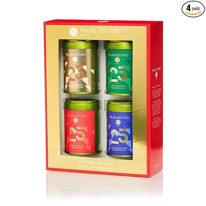 Palais des Thés - N°25 Holiday Collection Miniatures Box Gift Set - Assortment of Black, Green, Herbal, and Rooibos Teas - Variety Pack of 4 Loose Leaf Tins