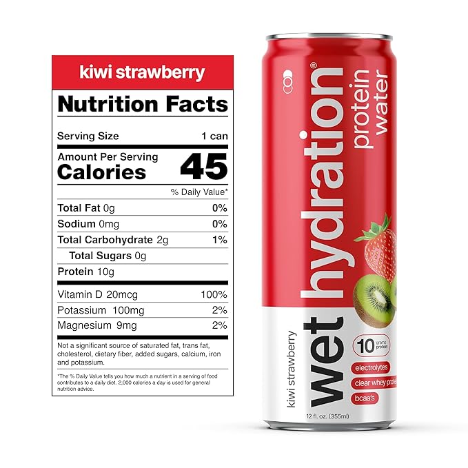 Wet Hydration Protein Water | Electrolyte Drink with Clear Whey Protein & BCAAs - Kiwi Strawberry Flavor (12oz Cans, Pack of 12) | Zero Sugar, 10g Protein, Low Calorie, Functional Hydration