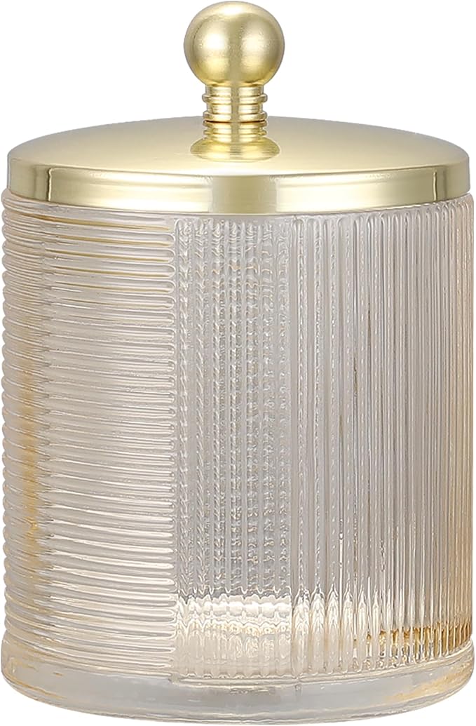 Glass Jar with Metal Lid for Bathroom Organization, Clear Apothecary Jar for Cotton Balls, Q Tips, and Small Accessories, Stylish Bathroom Storage Container Tan, Gold