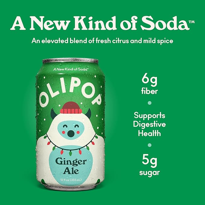 OLIPOP Prebiotic Soda Pop, Ginger Ale, Pantry Pack Packed with Prebiotics, Fiber, and Botanicals, Gluten Free, Vegan, GMO Free, 12oz (12-Cans)