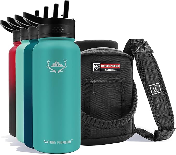 NATURE PIONEOR Insulated Water Bottles with Carrier Holder Sleeve - 32 ounce Stainless Steel Water Bottle with 3 Lids,straw,Keeps Hot and Cold