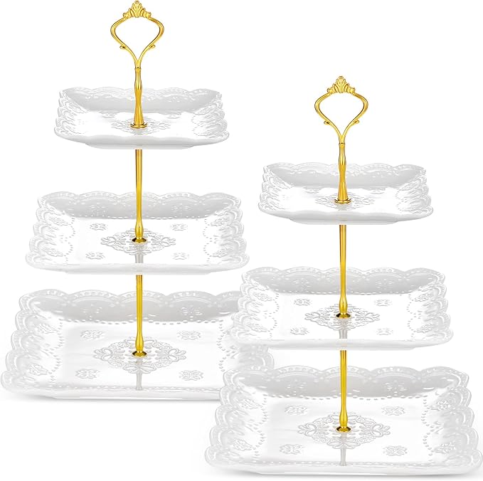 Tatuo 2 Pcs 3 Tier Porcelain Cupcake Stand, Cup Cake Holder Tower, Pastry Serving Elegant Dessert White Ceramic Tiered Stand for Wedding, Birthday, Tea Party(Lace Square Shape)