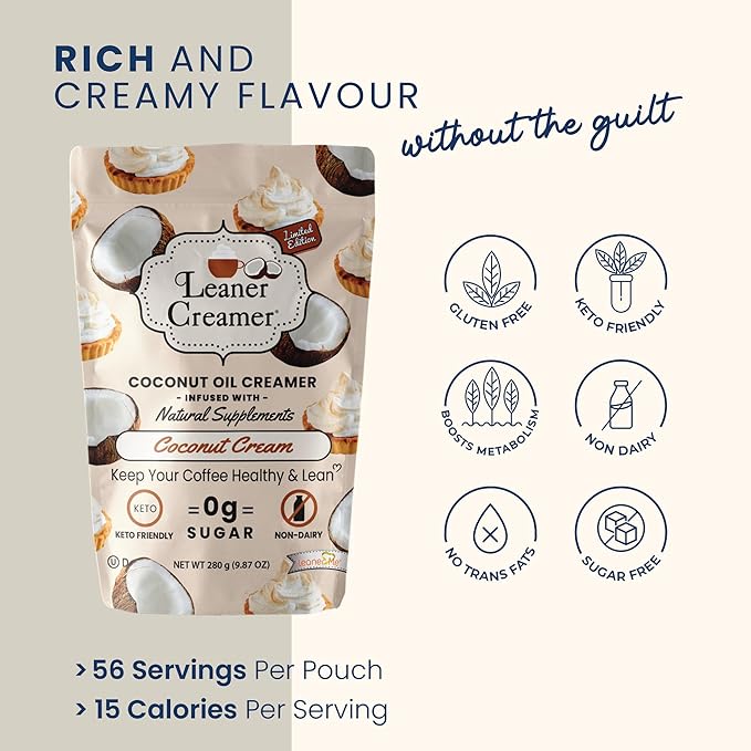 Leaner Creamer Coconut Creamer with Superfood Ingredients – Non-Dairy, Sugar-Free, Keto, Gluten-Free Powdered Coffee Creamer – Coconut Cream – 280g