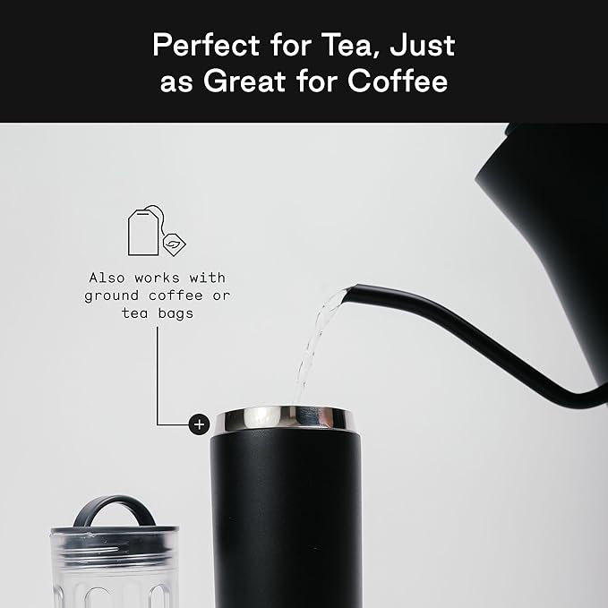 Firebelly Tea, Travel Tea Infuser Mug with Strainer, Insulated Tumbler for Loose Leaf Tea or Coffee, Leakproof Bottle for Hot or Iced Drinks, Stainless Steel Thermos with Lid, Noir