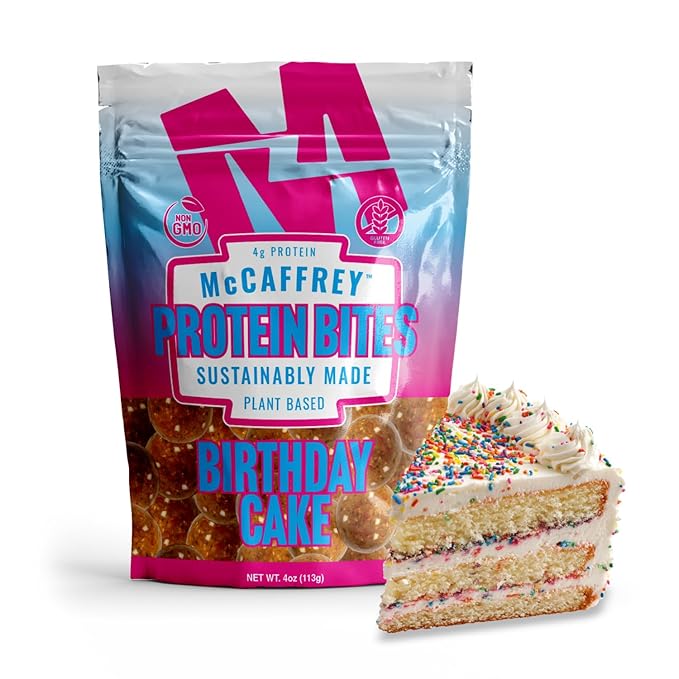 McCaffrey Protein Bites – Birthday Cake Flavor – 6 Multi-Serving 4oz Bags – 4g of Protein per Serving – Gluten-Free, Vegan, High Fiber Energy Snack for Active Families
