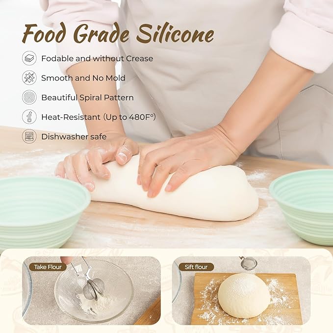 Silicone Sourdough Breads Baking Supplies, Sourdough Starter Kit, Banneton Bread Proofing Basket Set with 9" Round & 10" val, Artisan Bread Baking Tools, Silicone Bread Sling