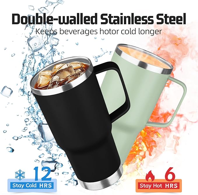 20 oz Tumbler with Handle Stainless Steel Insulated Coffee Mug Tumbler with Lid and Straw Double Wall Vacuum Insulated Coffee Mug Leak Proof Travel Mug Tumbler for Hot and Cold Drink (Black,8pack)