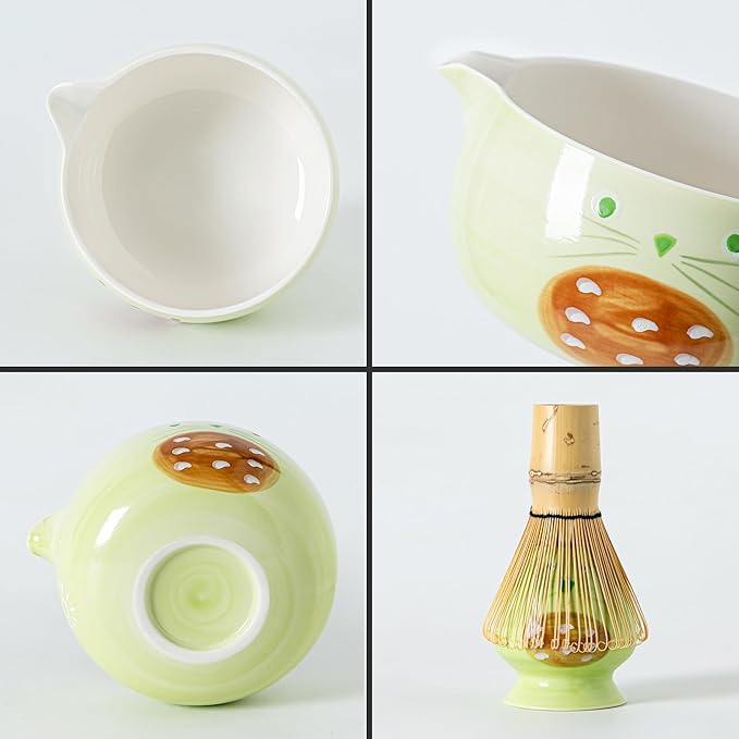 Green Matcha Set -Cute Cat Matcha Kit Includes Ceramic Bowl, Whisk and Holder, Bamboo Scoop - 6 Pcs Matcha Whisk Set for Matcha Lovers