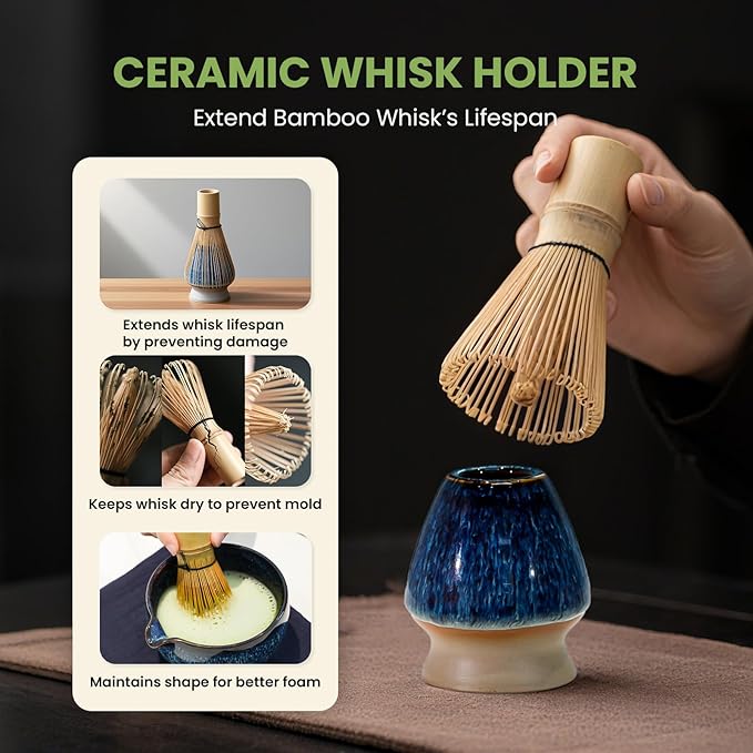 Matcha Whisk Set, Ceramic Matcha Set Includes Matcha Bowl, Matcha Whisk & Holder, Scoop, Sifter, Spoon, Scoop Rest, Tea Mat, User Manual - 9 Pcs Matcha Kit for Matcha Lovers (Blue)