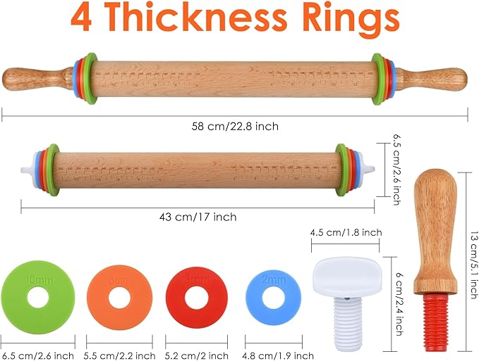 Rolling Pin with 4 Adjustable Thickness Rings and Long Handle 13.6 Inch Wooden Dough Roller for Baking, Dough, Cookie, Cake, Fondant, Pizza and Pie Crust
