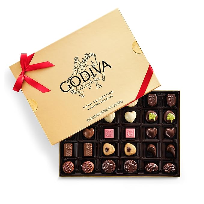 Godiva Red Bow Gold Assorted Chocolate Gift Box, Belgian Dark and Milk Chocolates with Pralinés, Ganaches & Caramels, Gourmet Holiday Gift, Non-GMO & Kosher, 60 Pc