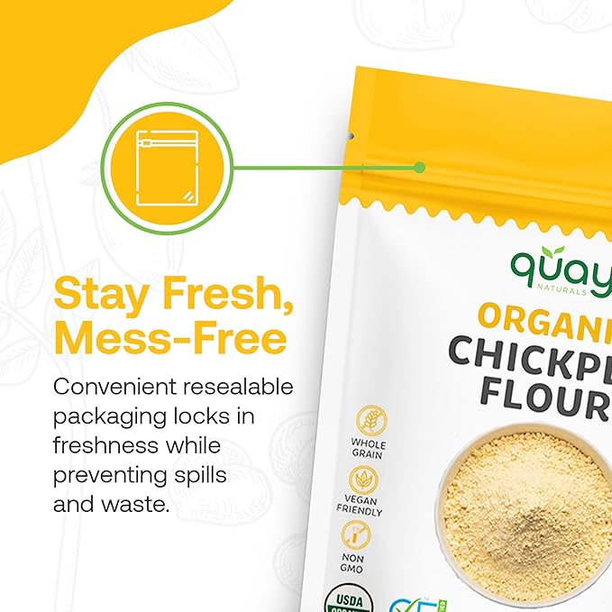 Quay Naturals Organic Chickpea Flour, Garbanzo Bean Flour, 1.5 lb, Non-GMO, Gluten-Free, Vegan. Ideal for Baking, Frying, Flatbreads & Grain-Free Cooking.