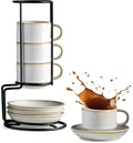 Gomakren 2.5 Ounce Espresso Cups Set of 4, Small Stackable Coffee Cups with Saucers and Metal Stand, Porcelain Demitasse Cups for Specialty Coffee Drinks, Espresso, Cappuccino, Latte, Tea, White