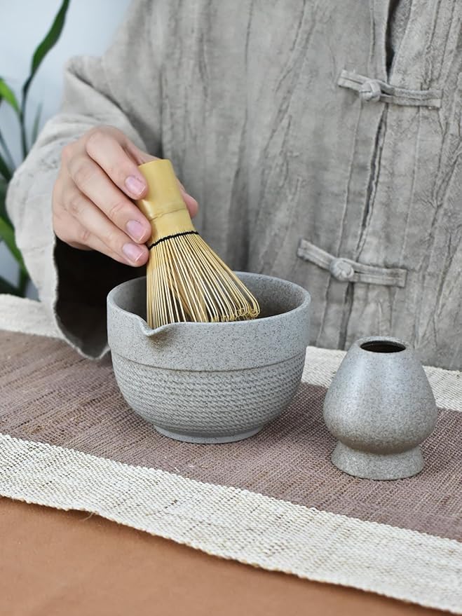 Artcome Minimalist Matcha Tea Set – 4-Piece Japanese Matcha Kit with Matte Speckled Ceramic Bowl & Spout, Bamboo Whisk, Holder, Scoop & Manual – Zen-Inspired Wabi-Sabi Tea Ceremony Gift Set